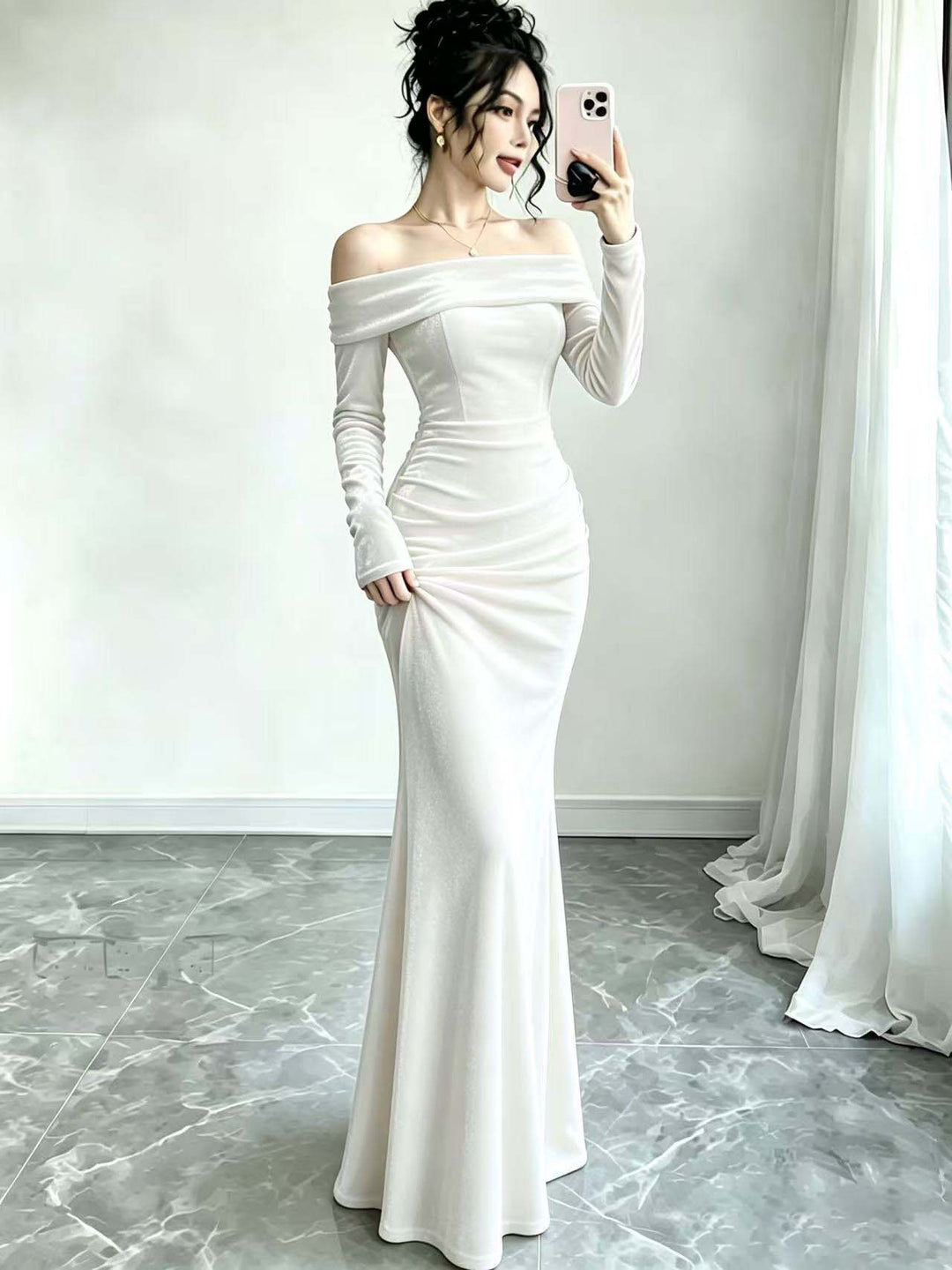 Damen Langes Samtabendkleid mit Carmenausschnitt und tiefem Rückenausschnitt Shop Nory