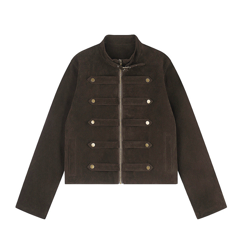 Damen Kurzjacke aus Veloursleder im militärischen Stil mit Stehkragen und Zierriegeln Shop Nory