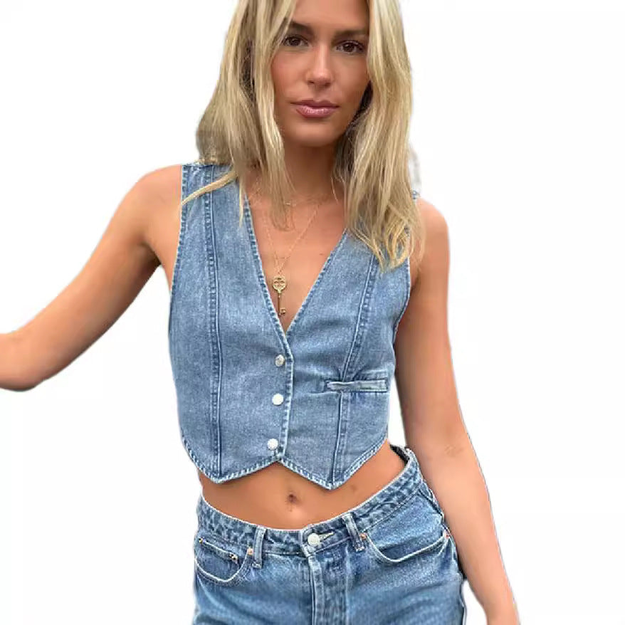 Damen Jeansweste mit elegantem Schnitt und Knopfdetails