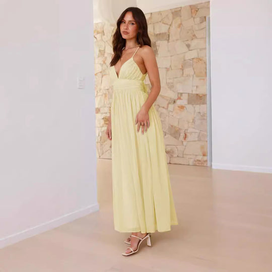 Damen Maxikleid mit schmalen Spaghetti-Trägern und elegantem Wickel-Design