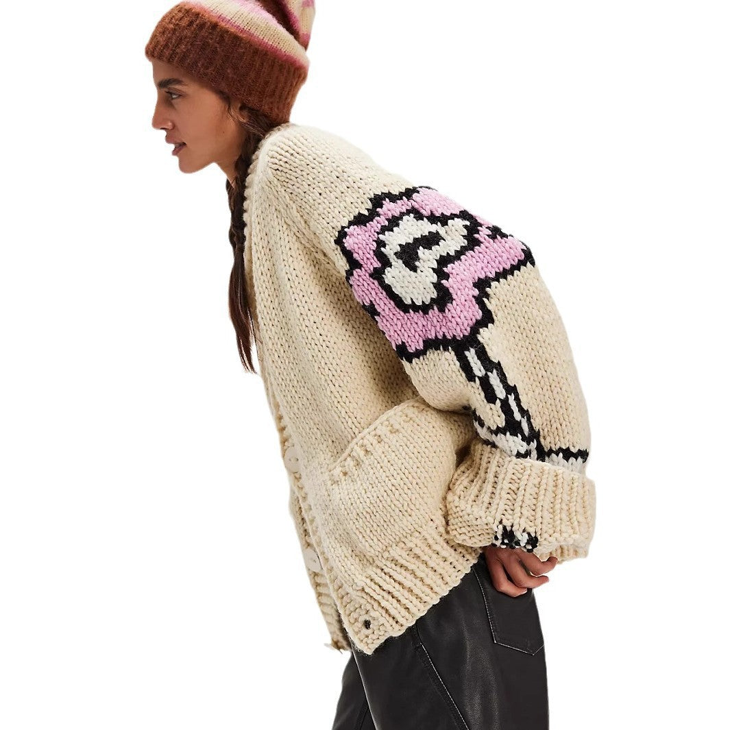 Damen Oversized Grobstrick-Cardigan mit Schalkragen, Blumenintarsien & Knopfleiste Shop Nory