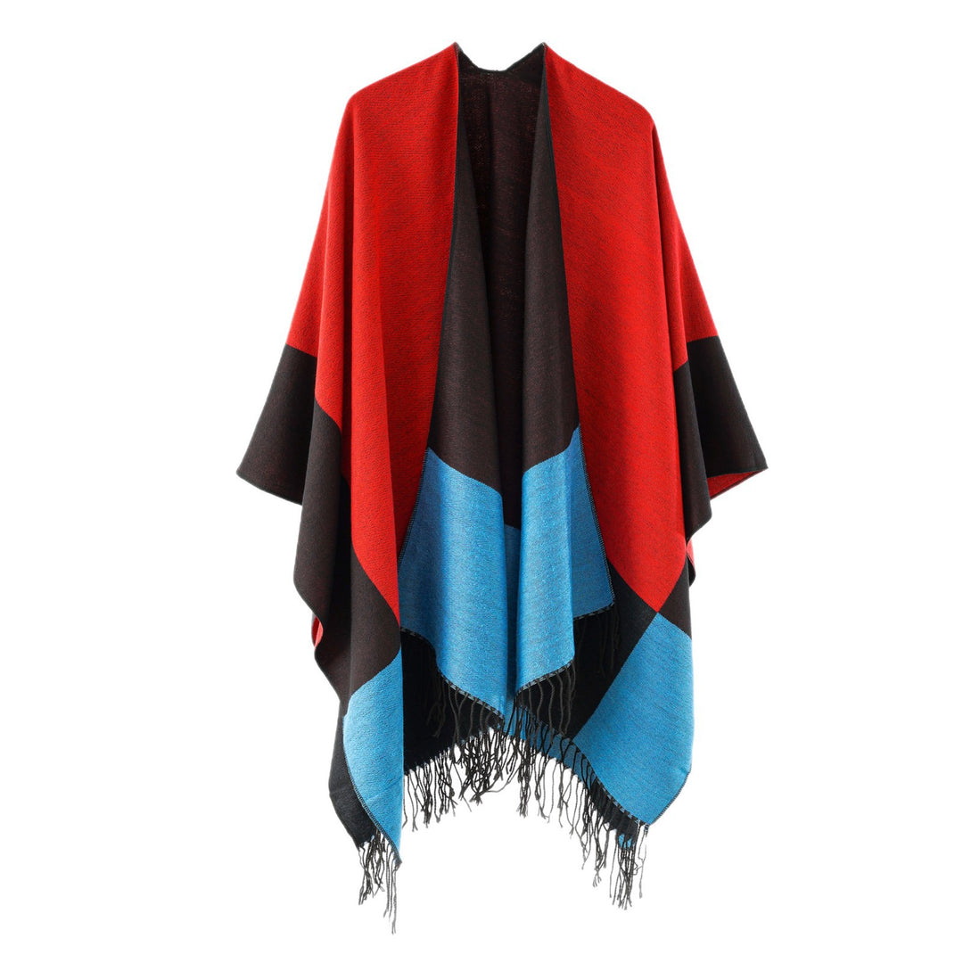 Damen eleganter Wollmix-Capeponcho mit grafischem Blockmuster und Fransen Shop Nory