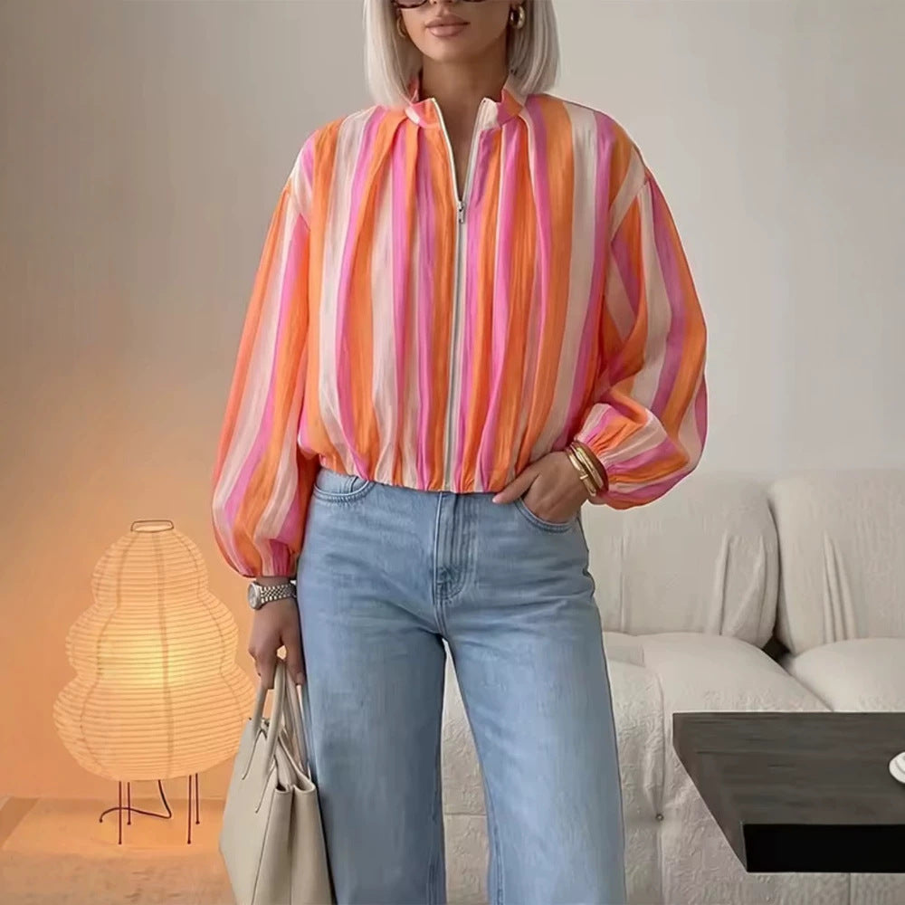 Damen Gestreifte Bomberjacke mit Ballonärmeln und kurzem Cropped-Schnitt Shop Nory