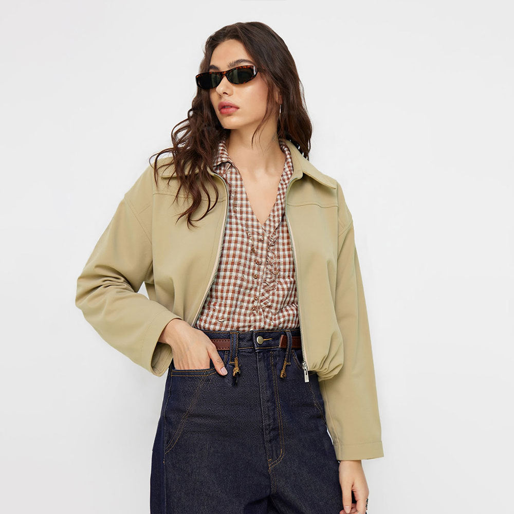 Damen kurze Oversize-Bomberjacke mit Reißverschluss, leichtem Kragen und elastischem Saum Shop Nory
