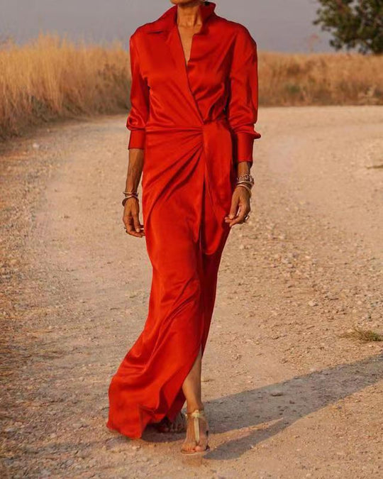 Damen Elegantes Wickel-Maxi-Kleid mit vielseitigem Kragen und seitlichem Schlitz