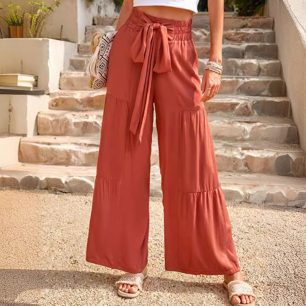 Damen weite Palazzo-Hose mit Paperbag-Bund, Stufendesign und Bindegürtel Shop Nory