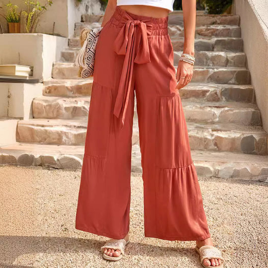 Damen weite Palazzo-Hose mit Paperbag-Bund, Stufendesign und Bindegürtel Shop Nory