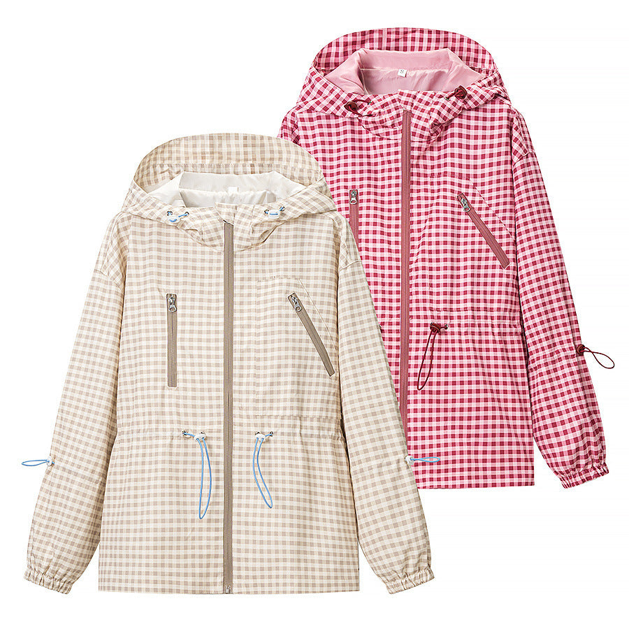 Damen Leichte Kapuzenjacke im Karo-Muster mit Tunnelzug und Reißverschlusstaschen Shop Nory