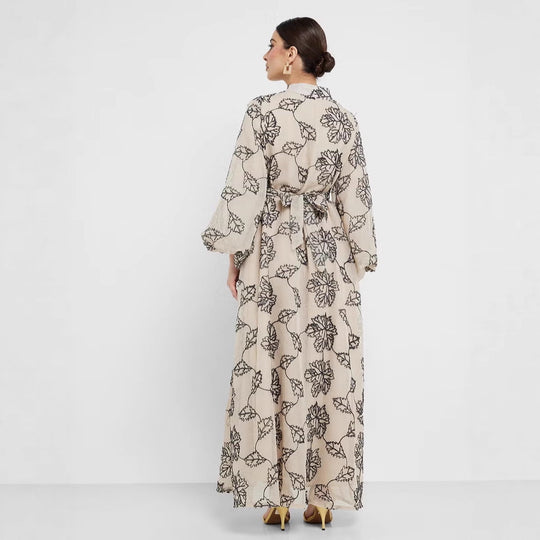 Damen Besticktes Maxikleid im Kaftan-Stil mit Reißverschluss, Taillengürtel und Ballonärmeln Shop Nory