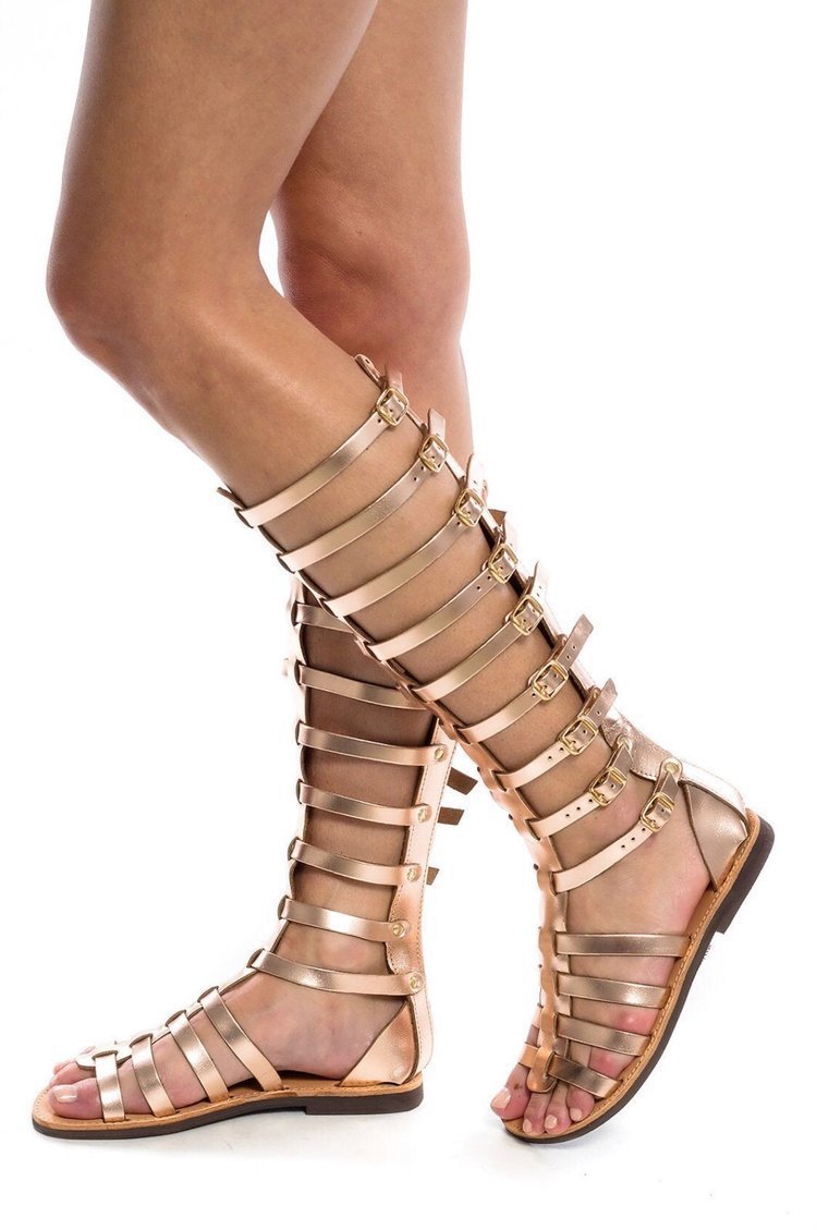 Damen kniehohe Gladiatorensandalen mit verstellbaren Riemen und flacher Lederlaufsohle Shop Nory