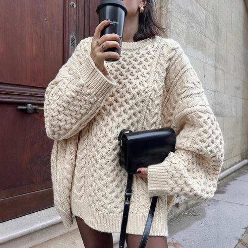 Damen Oversized Grobstrickpullover mit Zopfmuster und weiten Ballonärmeln Shop Nory