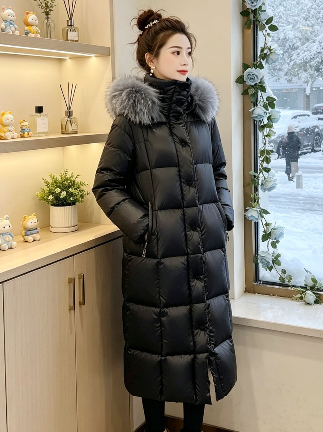 Damen Lange Daunenjacke mit Kunstfellkragen Shop Nory