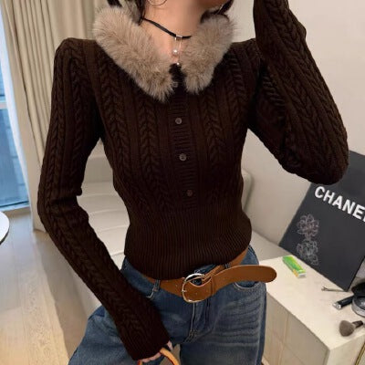Damen Eleganter Strickpullover mit Kunstfellkragen Shop Nory