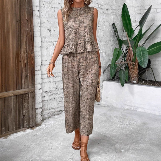 Damen zwei-teiliges Set mit peplum Oberteil und weit geschnittenen Hosen
