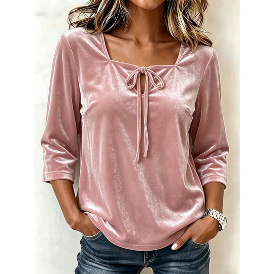 Damen Samtbluse mit eckigem Ausschnitt, Kordelzug und dreiviertel Ärmeln Shop Nory