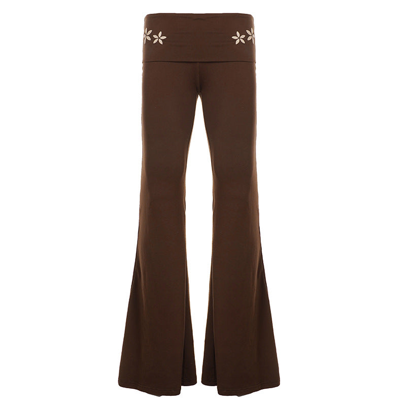 Damen nan Yogahose Flared mit Umschlagbund, komfortable Bootcut-Passform und Laser-Cut Blütendetail Shop Nory