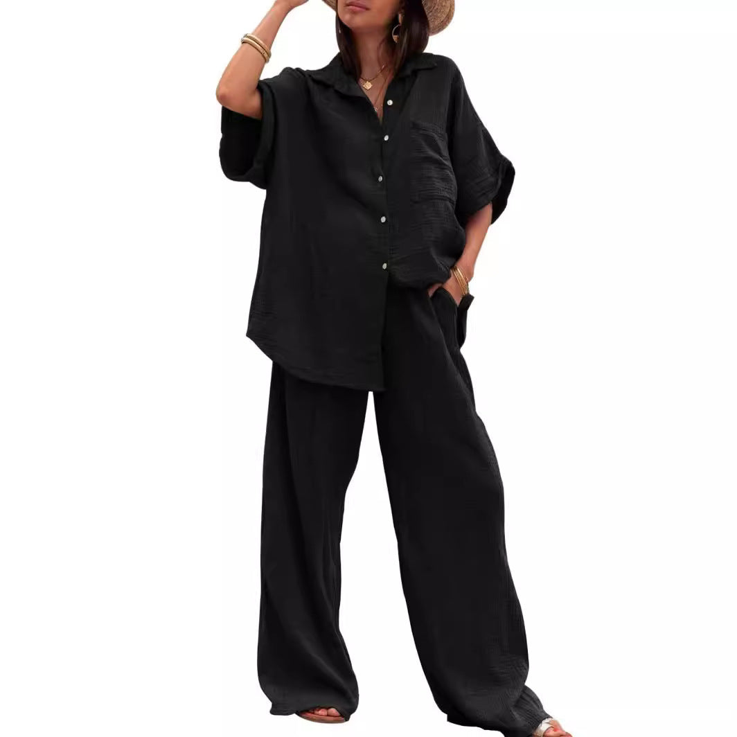 Damen Sommerliches Zweiteiler-Set mit übergroßem Hemd und weiter Hose