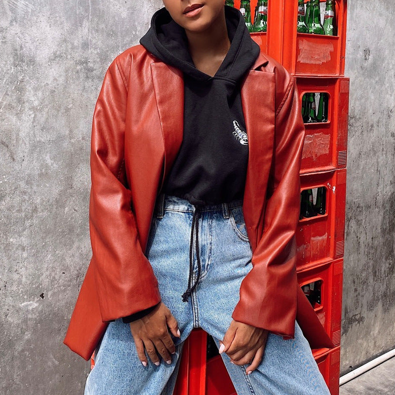 Damen Oversized Kunstleder Blazerjacke