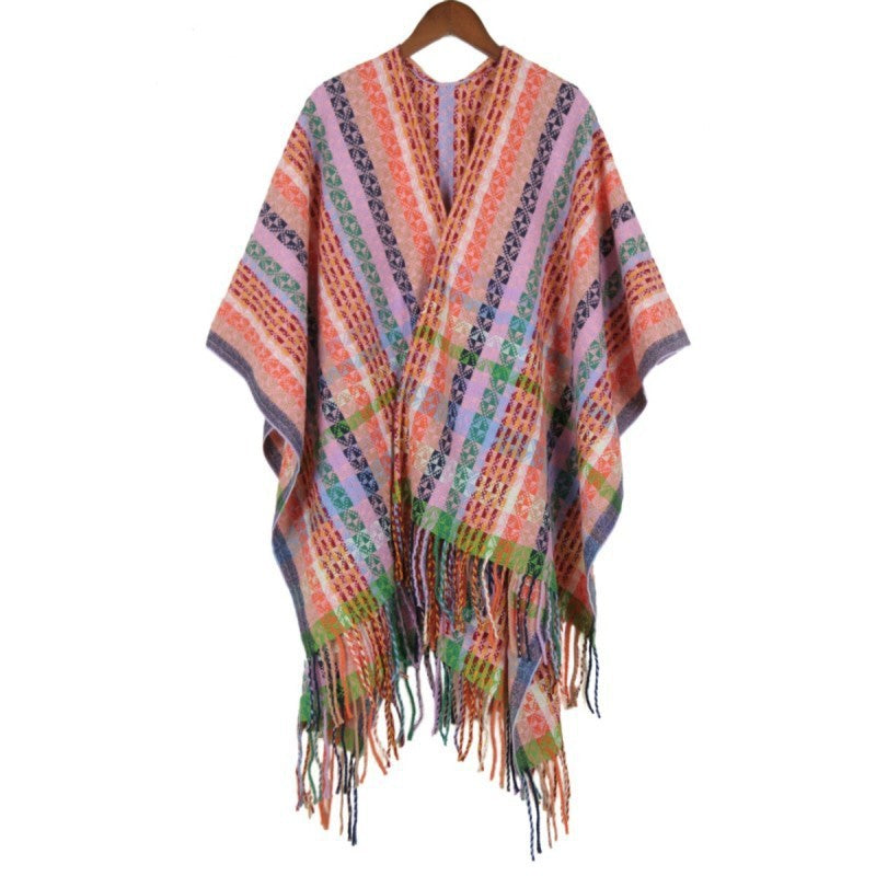 Damen Mehrfarbiger Web‑Poncho im Boho‑Patchwork‑Design mit Fransen Shop Nory