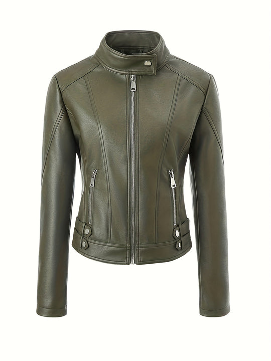 Damen Kurze taillierte Motorjacke aus Kunstleder mit Stehkragen und Schnallgurten Shop Nory