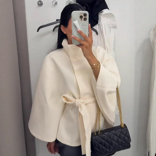 Damen nan weite Cape-Jacke mit Stehkragen, verdeckter Knopfleiste und Bindegürtel Shop Nory