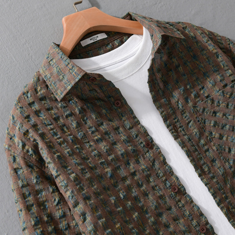 Herren Leichtes Crinkle-Karo-Overshirt aus Baumwollmix mit aufgesetzter Brusttasche Shop Nory