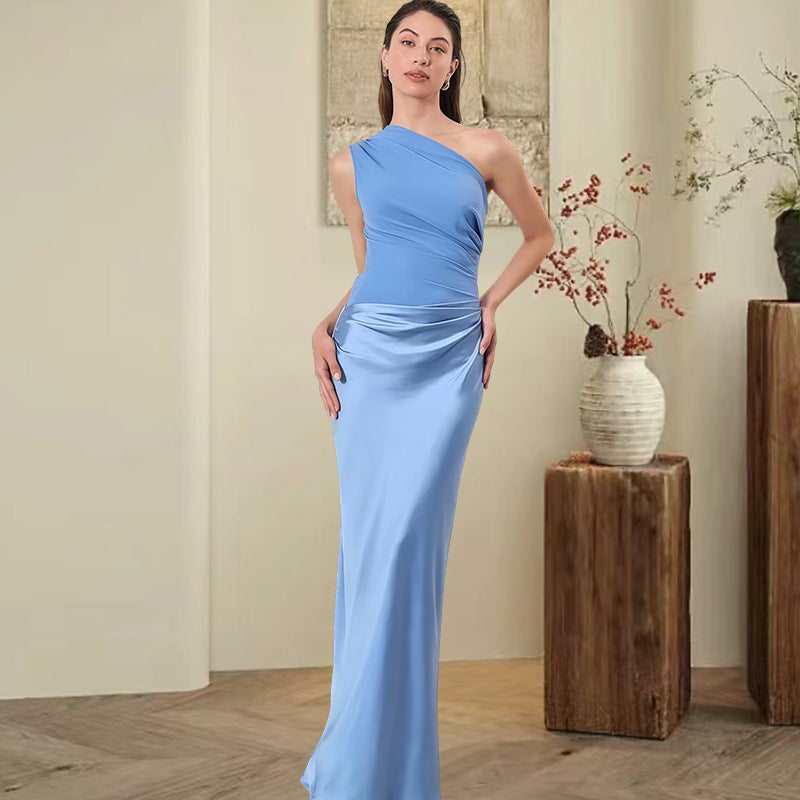 Damen Elegantes Asymmetrisches Abendkleid mit schimmerndem Satin Shopnory