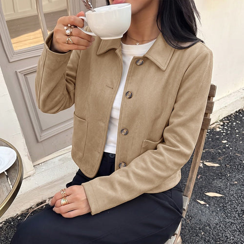 Damen Kurzjacke aus Wildleder‑Optik mit Hemdkragen und aufgesetzten Taschen Shop Nory
