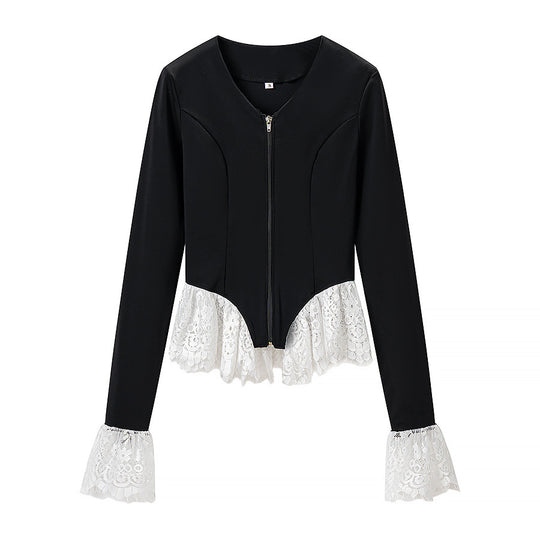 Damen Taillierte Zip‑Jacke mit Spitzenvolant am Saum und Ärmelabschluss Shop Nory