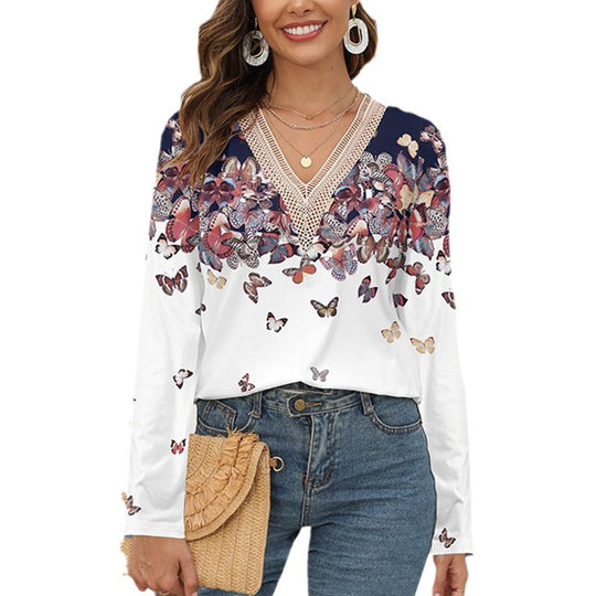 Damen Langarmshirt mit V-Ausschnitt, Häkelspitzen-Einsatz und Schmetterlings-Print Shop Nory