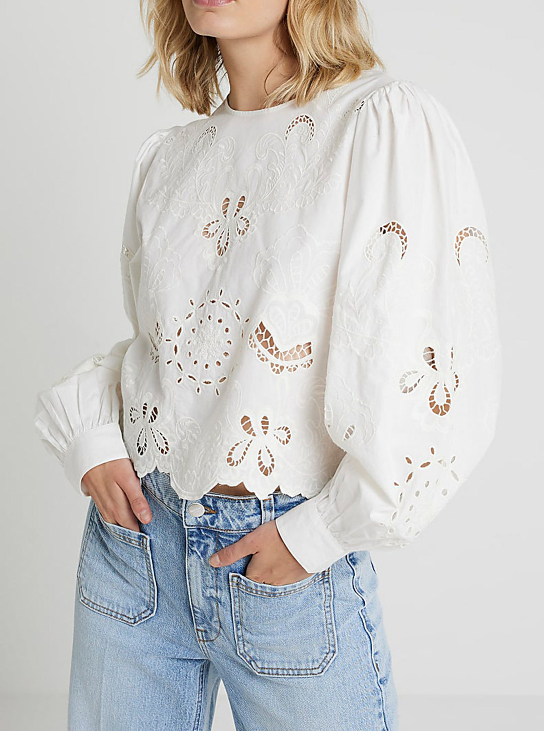 Damen Baumwollbluse mit Broderie Anglaise und Ballonärmeln Shop Nory