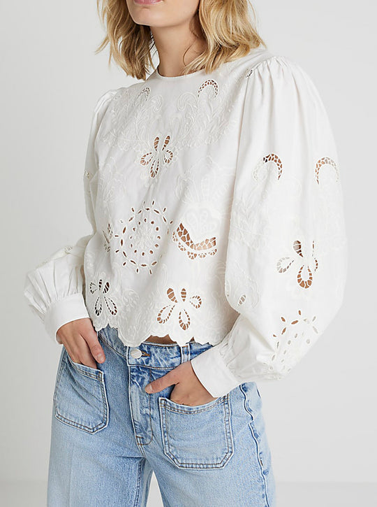 Damen Baumwollbluse mit Broderie Anglaise und Ballonärmeln Shop Nory