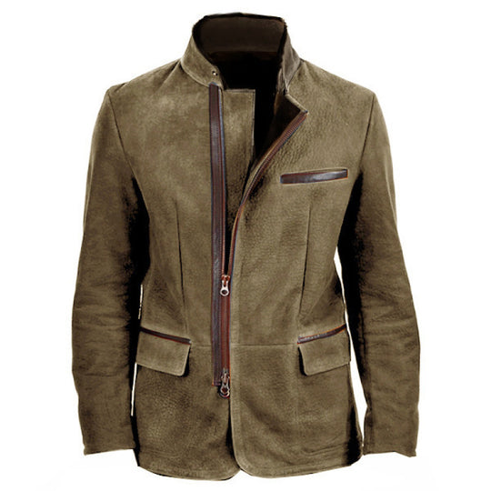Herren Veloursleder-Fieldjacke im Fliegerstil mit Stehkragen, asymmetrischem beidseitig öffnendem Reißverschluss und kontrastierenden Lederbesätzen Shop Nory