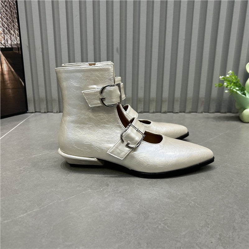 Damen Spitz zulaufende Ankle-Boots mit Doppelriemen, Schnallen und niedrigem Blockabsatz Shop Nory