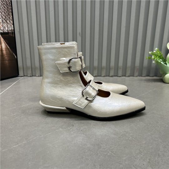 Damen Spitz zulaufende Ankle-Boots mit Doppelriemen, Schnallen und niedrigem Blockabsatz Shop Nory
