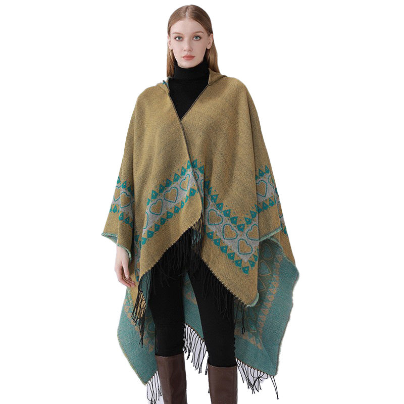 Damen Kapuzen-Capeponcho aus Wollmix mit Herz-Jacquard und Fransensaum Shop Nory