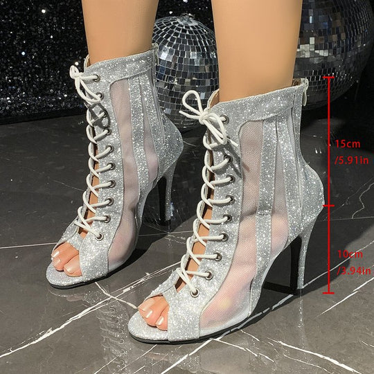 Damen Glitzer‑Peeptoe Ankle‑Boots mit Mesh‑Einsätzen, Schnürung und Seitenreißverschluss Shop Nory