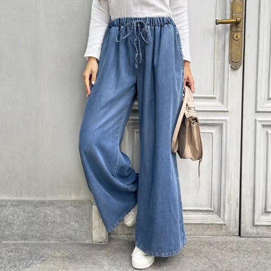 Damen Relaxte Palazzohose aus Denim mit Tunnelzugbund, Eingrifftaschen und extra weitem Bein Shop Nory