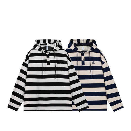 Herren Gestreiftes Kapuzen-Rugbyshirt im Oversize-Schnitt mit Knopfleiste Shop Nory