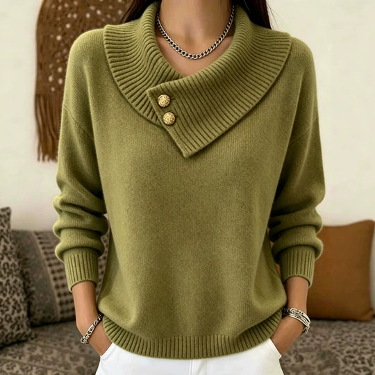 Damen Feinstrick-Pullover mit überlappendem Schalkragen und Zierknöpfen Shop Nory