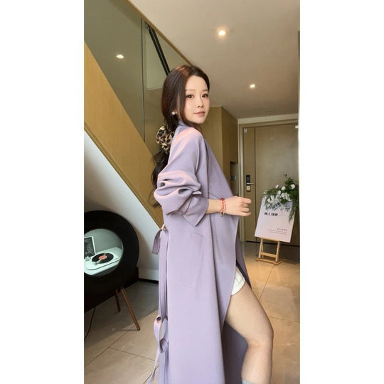 Damen Maxi-Trenchcoat mit Wasserfallkragen und gerafften Ärmeln Shop Nory