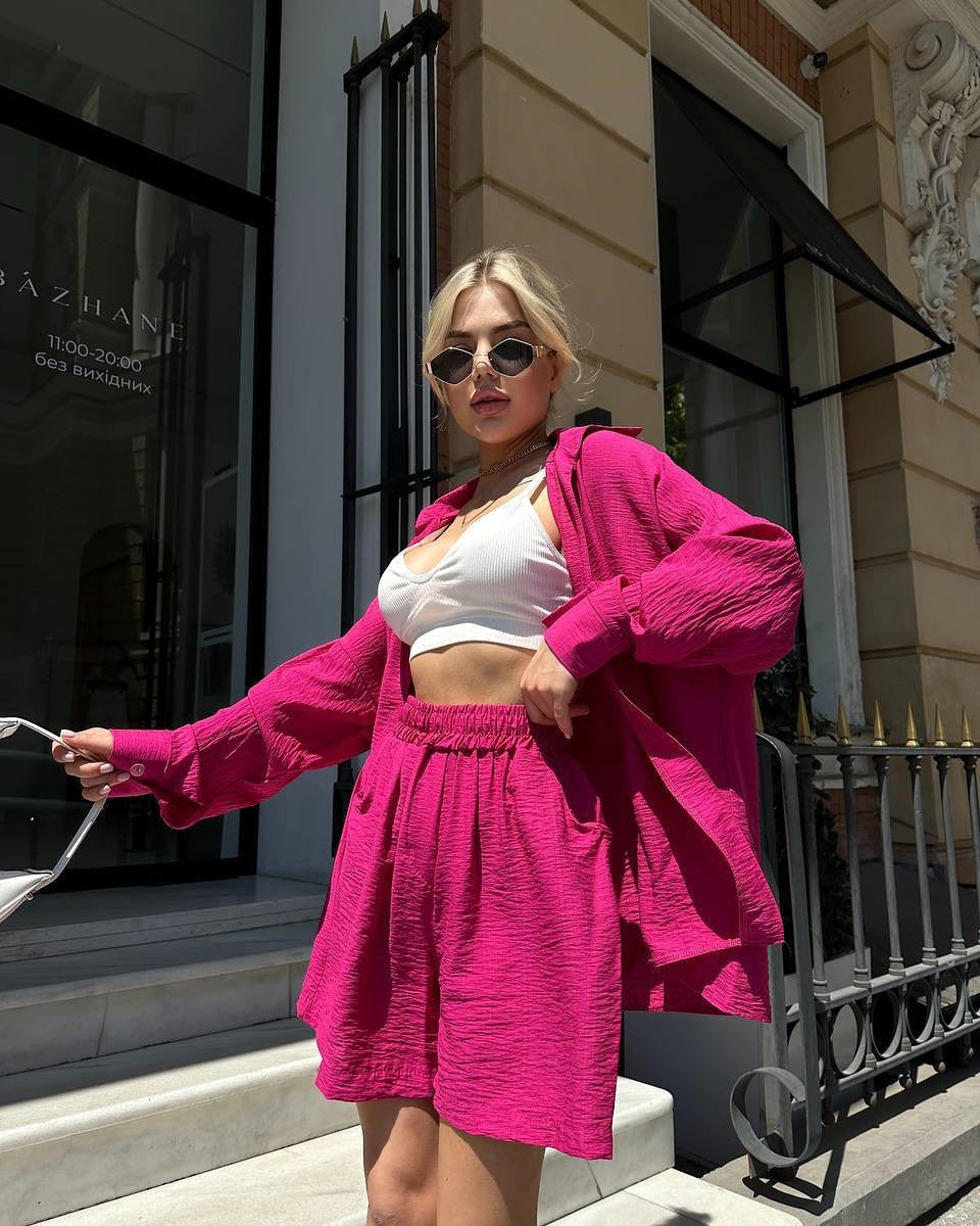 Damen Zweiteiliges texturiertes Loungewear‑Set mit Oversized‑Hemd und elastischer Taillen‑Shorts Shop Nory