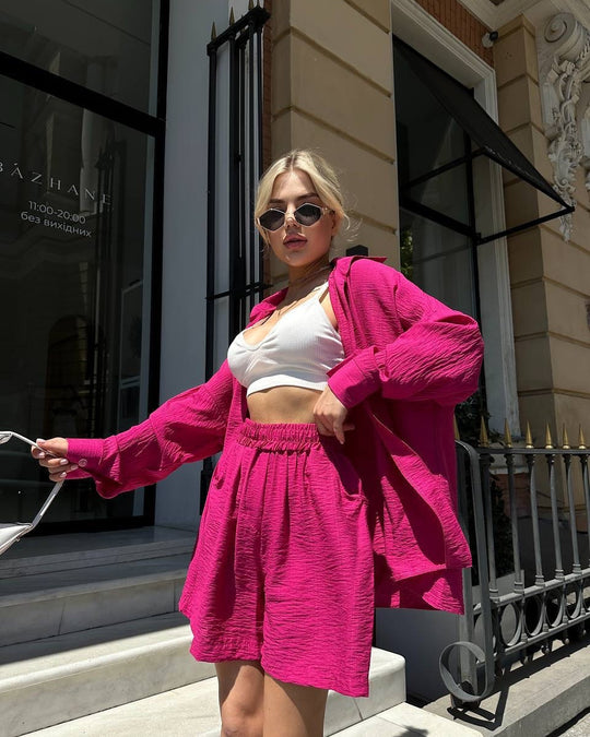 Damen Zweiteiliges texturiertes Loungewear‑Set mit Oversized‑Hemd und elastischer Taillen‑Shorts Shop Nory