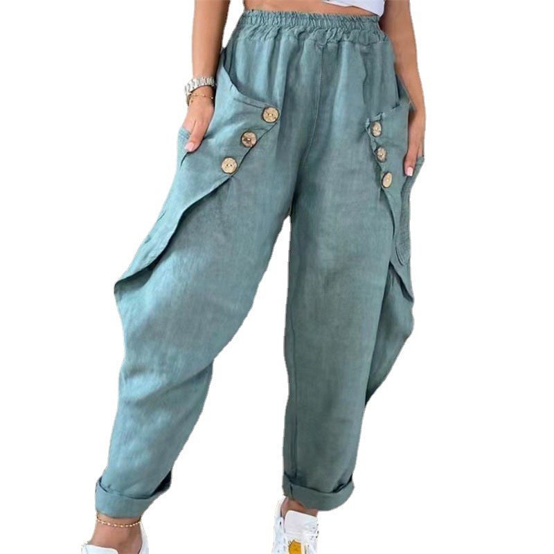 Damen Legere Leinenhose mit Knopfdetails und großen Taschen Shopnory