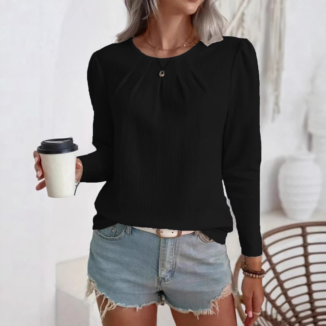 Damen leichte Strukturbluse mit gerafftem Rundhalsausschnitt und langen Ärmeln Shop Nory