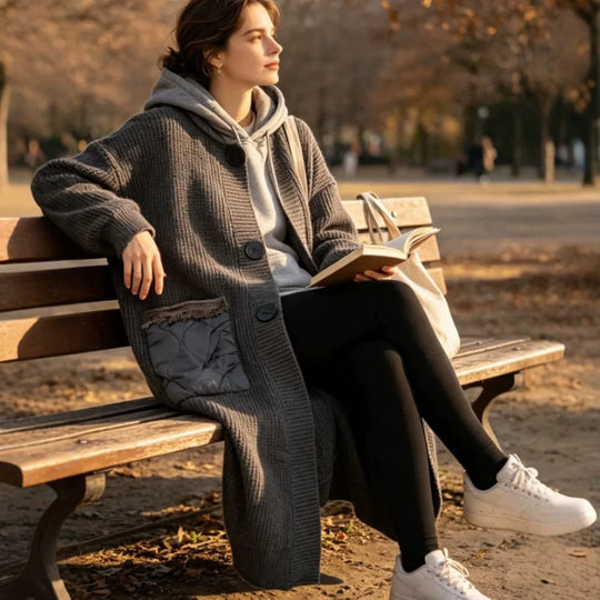 Damen Langer Grobstrick‑Mantel mit Kapuze, Rippbündchen & aufgesetzten Taschen Shop Nory