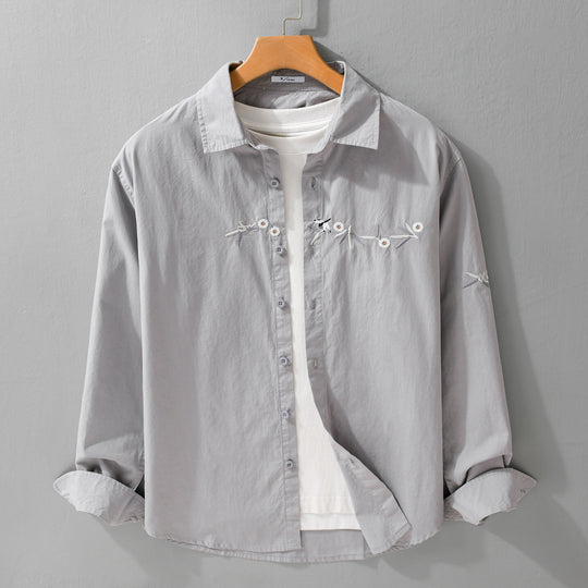 Damen Lockeres besticktes Baumwoll-Overshirt mit Kentkragen und Layering‑Detail Shop Nory
