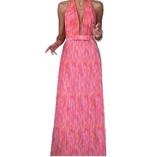 Damen Plissiertes Maxikleid mit tiefem Ausschnitt und elegantem Gürtel