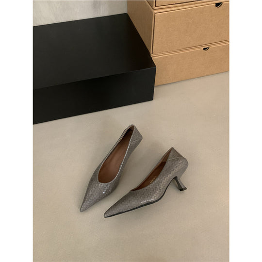 Damen Elegante spitz zulaufende Flechtleder-Pumps mit sculpted Kitten-Absatz Shop Nory