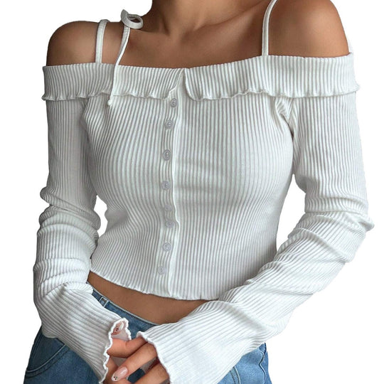 Damen geripptes schulterfreies Langarm-Cropped-Top mit Knopfleiste und Rüschensaum Shop Nory
